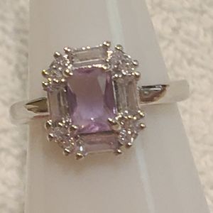*BP #3656 Amethyst & White Topaz (lab) Rhodium Band Ring Size 7.25 BRAND NEW